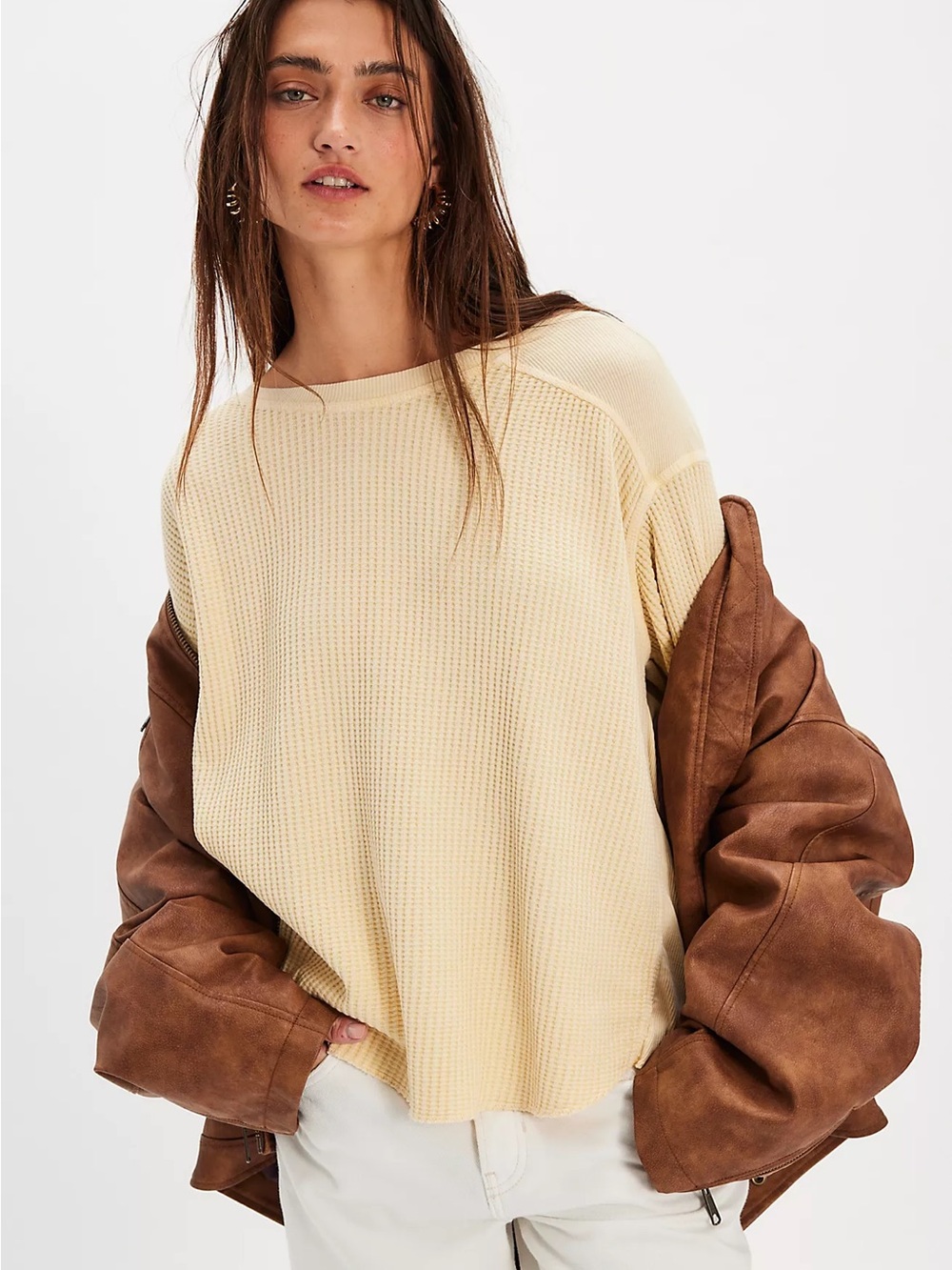 Free People One Blake Thermal Waffle Knit Long Sleeve Top